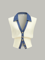 Denim Trim Metal Button Knit Vest