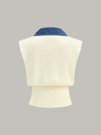 Denim Trim Metal Button Knit Vest