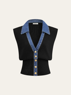 Denim Trim Metal Button Knit Vest
