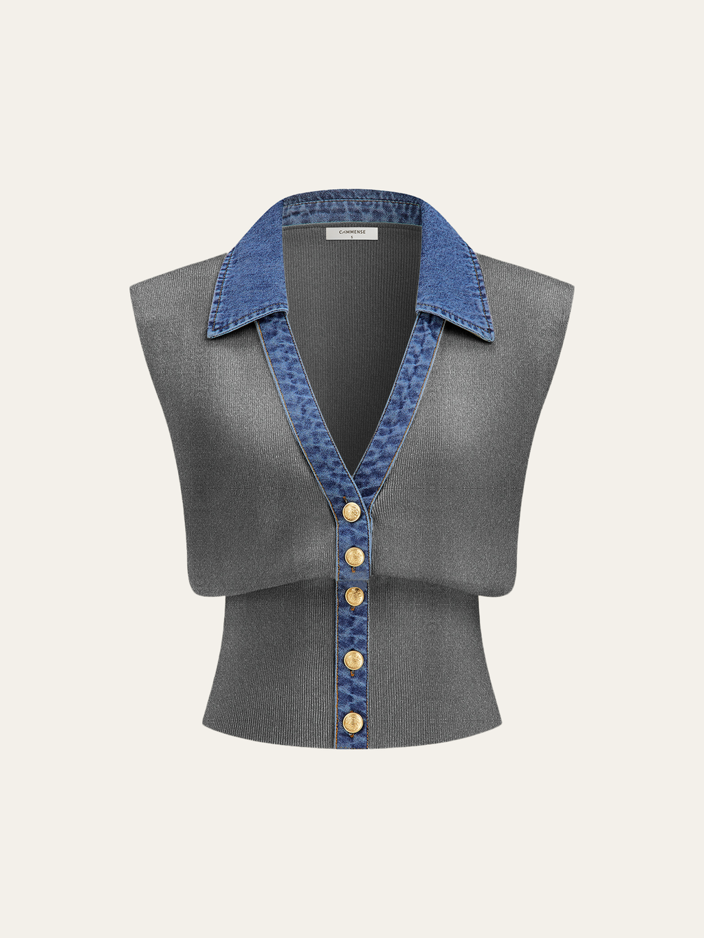 Denim Trim Metal Button Knit Vest