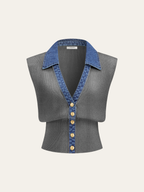 Denim Trim Metal Button Knit Vest
