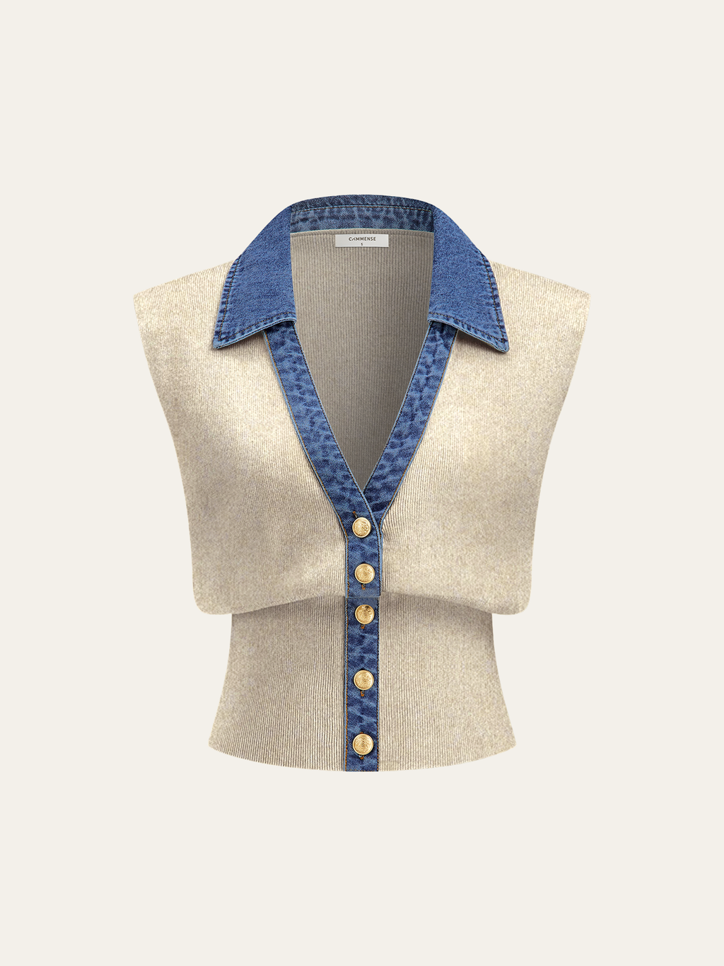 Denim Trim Metal Button Knit Vest
