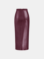 Ruched Slit PU Leather Midi Skirt