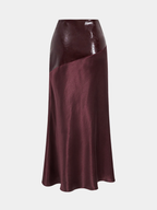 Faux Leather Panel Asymmetric Satin Maxi Skirt