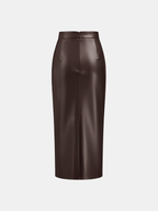 Ruched Slit PU Leather Midi Skirt