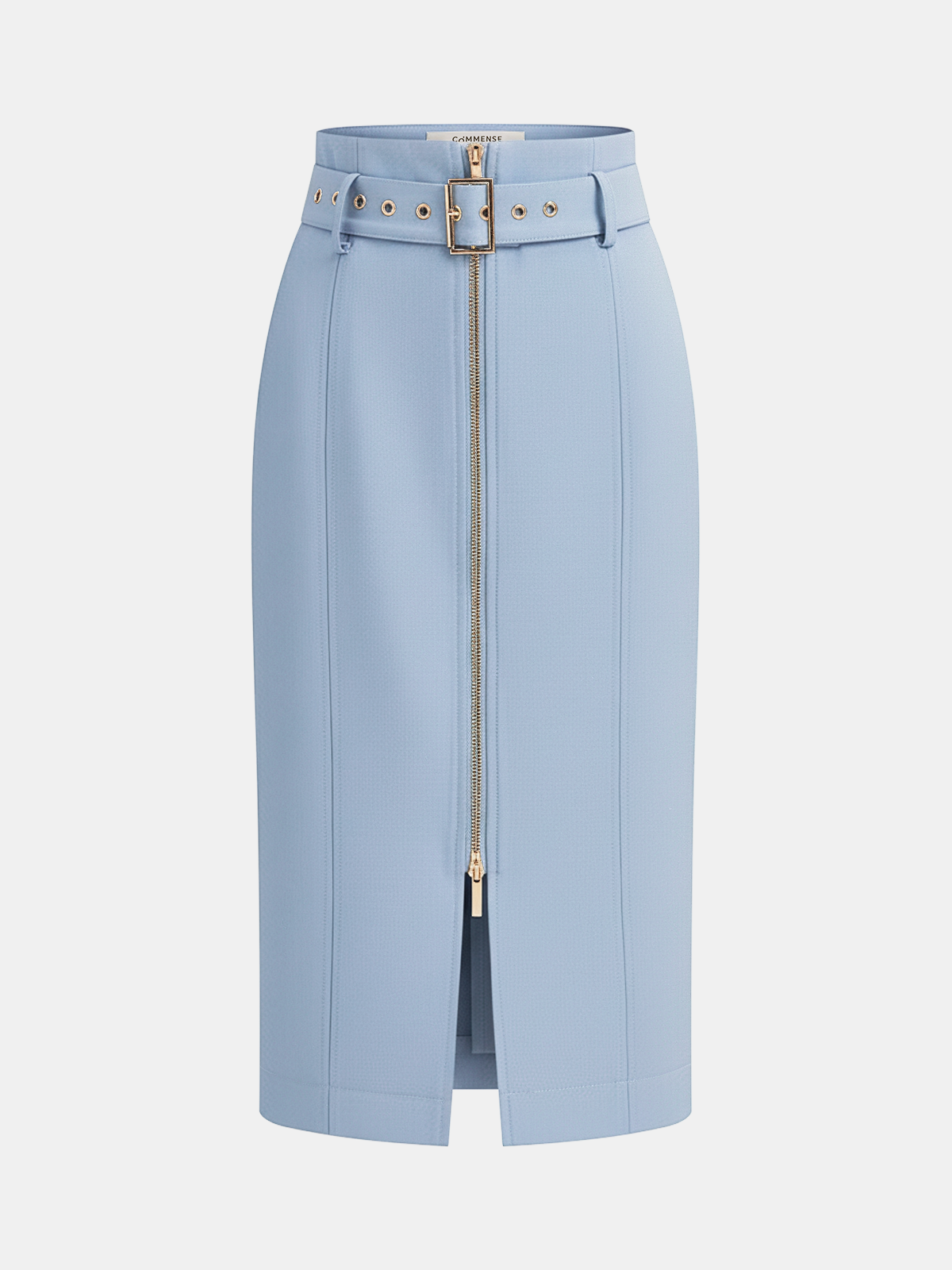Belted Zip-Front Split Midi Skirt